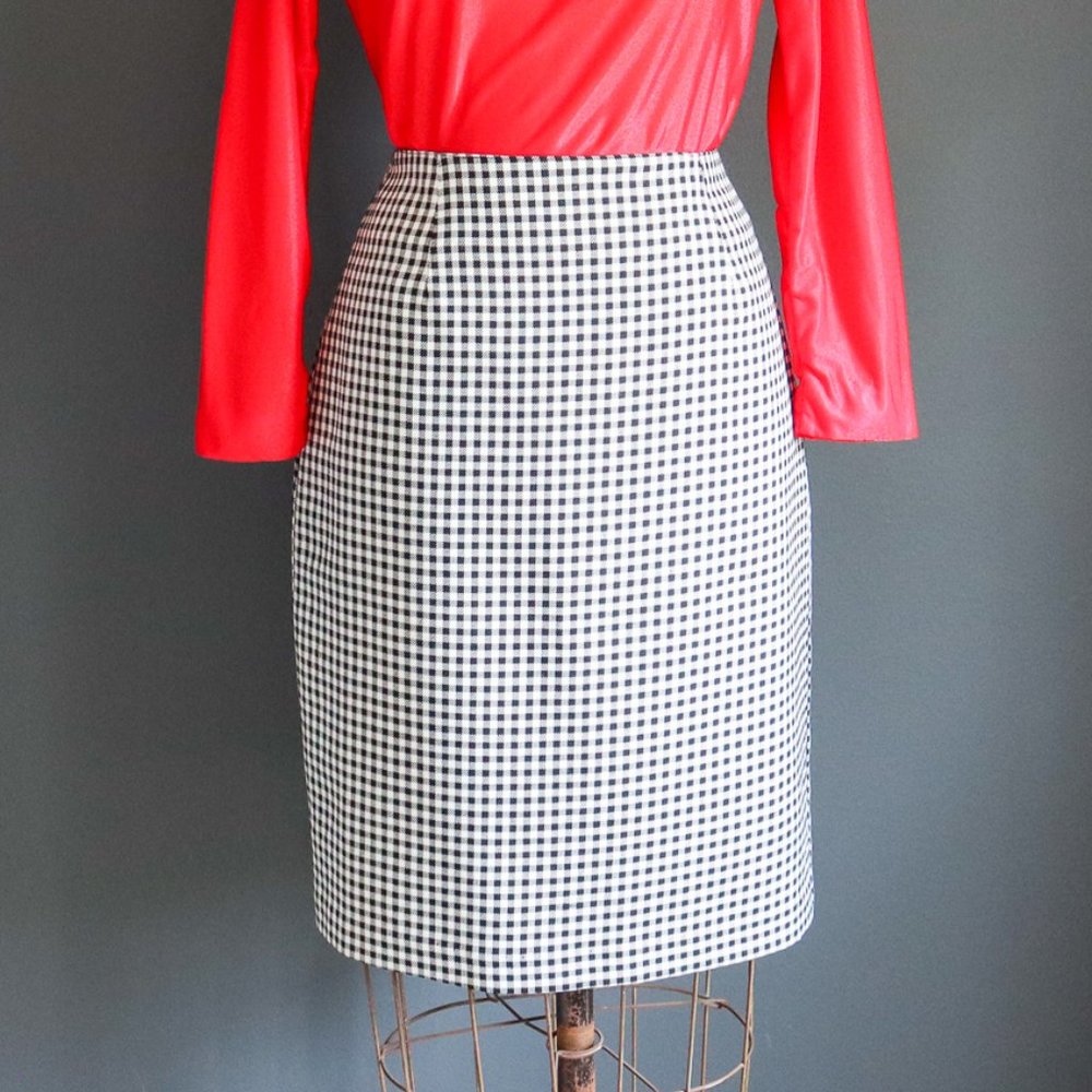 70's/80's Black and White Gingham Check Pencil Skirt by Lloyd Sportswear